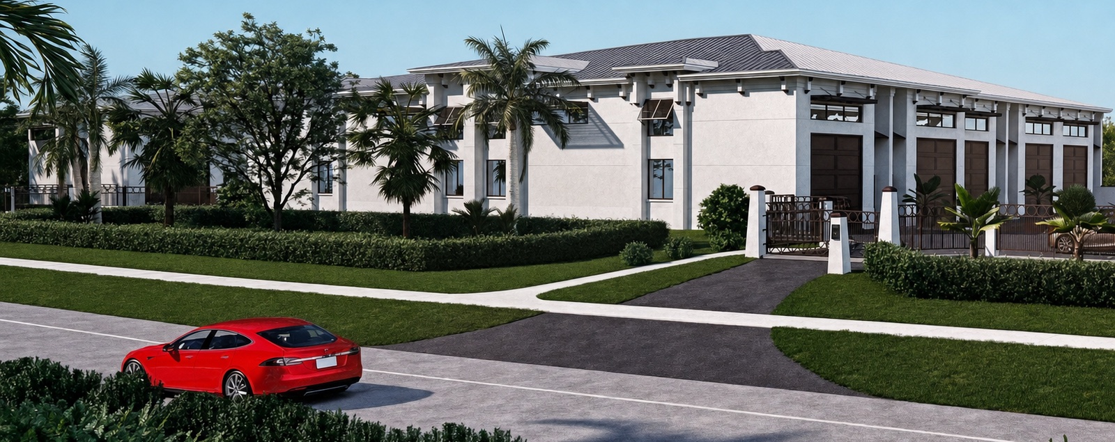 Rendering of Marco Luxe Motor Condos from South Barfield Drive, showing the building, the entry gate and the landscaped frontage