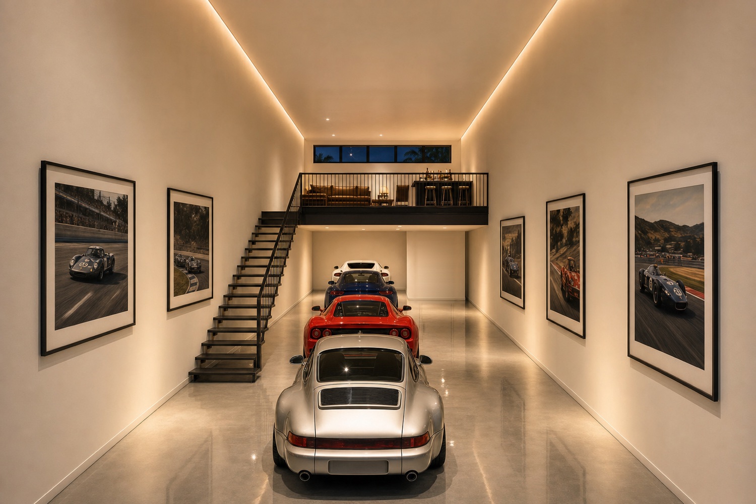 A finished Marco Luxe motor condo with cars parked nose to tail under a twenty foot ceiling, artwork on the walls and a lounge on the mezzanine